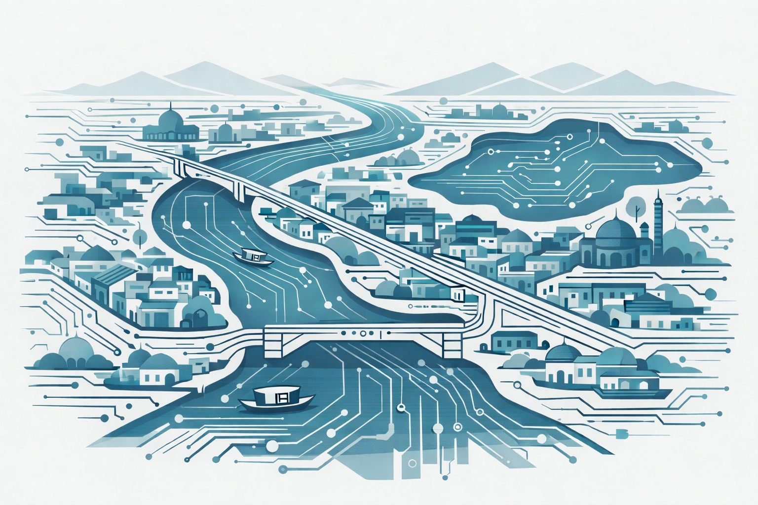 Stylized Srinagar illustration with circuit-board river and streets